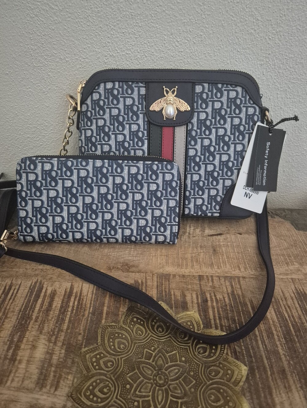 Classic Fashion Blue Logo Print Crossbody Bag with Wallet